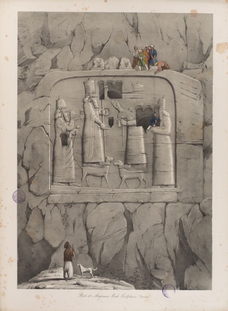 Austen Henry Layard, Niniveh and Its Remains,1849, vol. 2, plate 51, “Assyrian Rock Sculpture (Bavian).” Austen Henry Layard, <i>Niniveh and Its Remains</i>, 1849, c. 2, levha 51, "Asur Kaya Yontması (Bavian)".