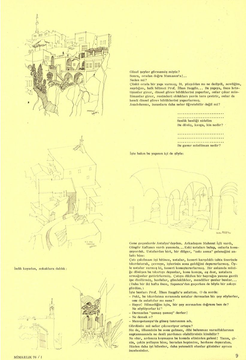 Gorsel6 Bektas Mimarlik Cengiz Bektaş, “Halkın Elinden Dilinden” yazı dizisinin ilk bölümünden bir sayfa, Mimarlık, Sayı: 146, 1976, s. 9<br /><br />
