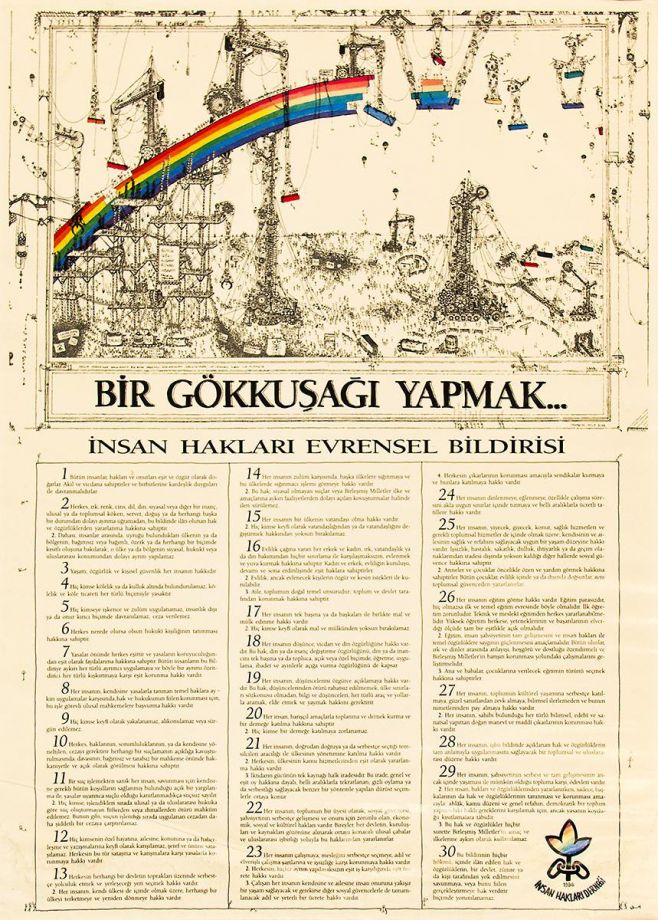 Ifsa Hero Ayla İşler’in, <i>Novum</i> dergisinde yayımlanmış bir boya fabrikası reklamından alıntı görselle İnsan Hakları Derneği İstanbul Şubesi için hazırladığı afiş