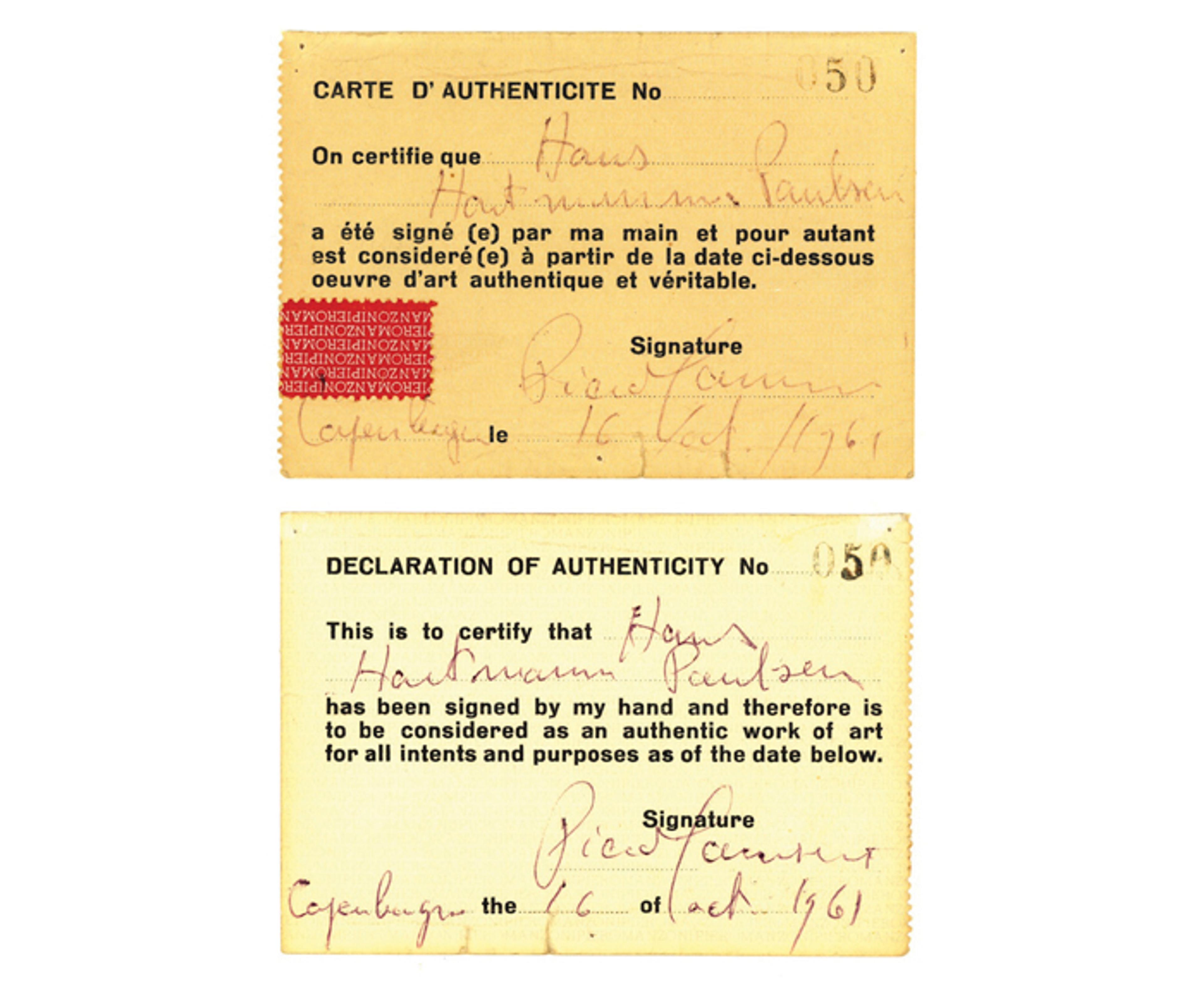Italyan sanatçi Piero Manzoni, 1961 tarihli bu çok basit belgeyle kimi insanlarin birer sanat eseri oldugunu deklare etmistir.