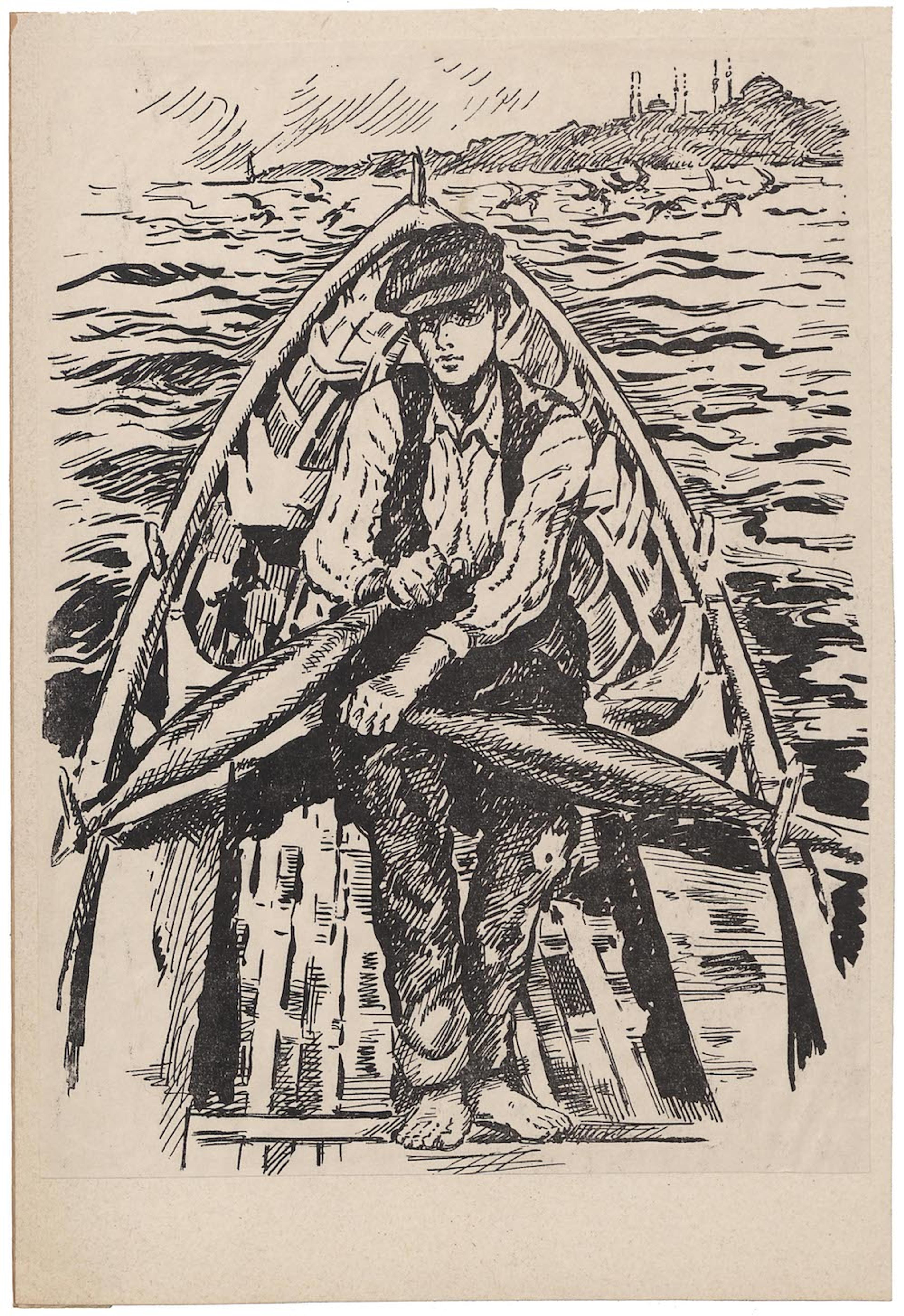 Reşad Ekrem Koçu’nun fotoğraf kolajından Sabiha Rüştü Bozcalı’nın çizdiği “İstanbul Sularında Apsarılı Sandalcı” Kadir Has Üniversitesi Bilgi Merkezi – Salt Araştırma, Reşad Ekrem Koçu ve İstanbul Ansiklopedisi Arşivi