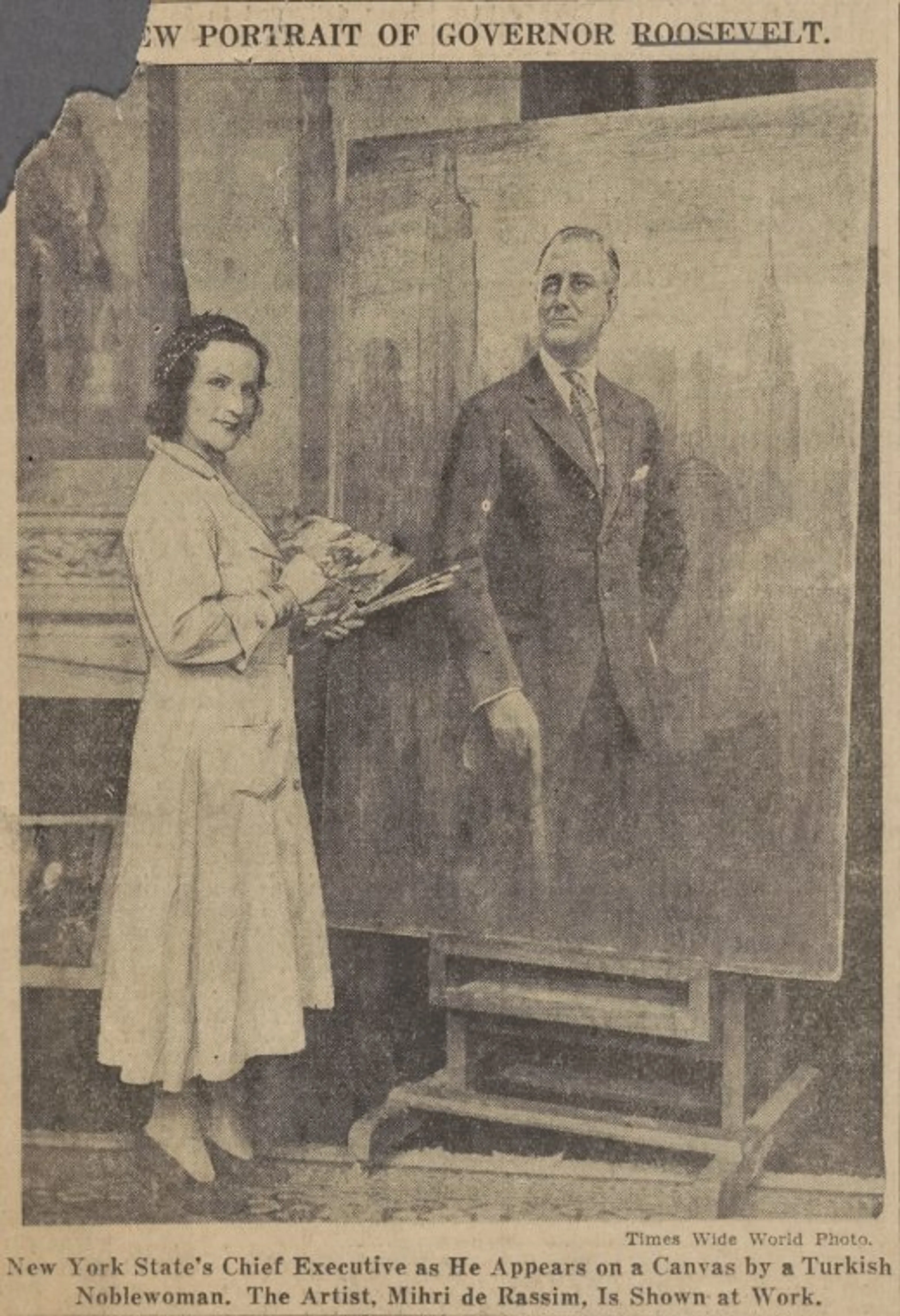 Mihri’nin, New York Valisi Franklin D. Roosevelt’in portresini yaptığına dair haber (tarihi bilinmiyor) Rollins College, Olin Library Arşivi ve Özel Koleksiyonu