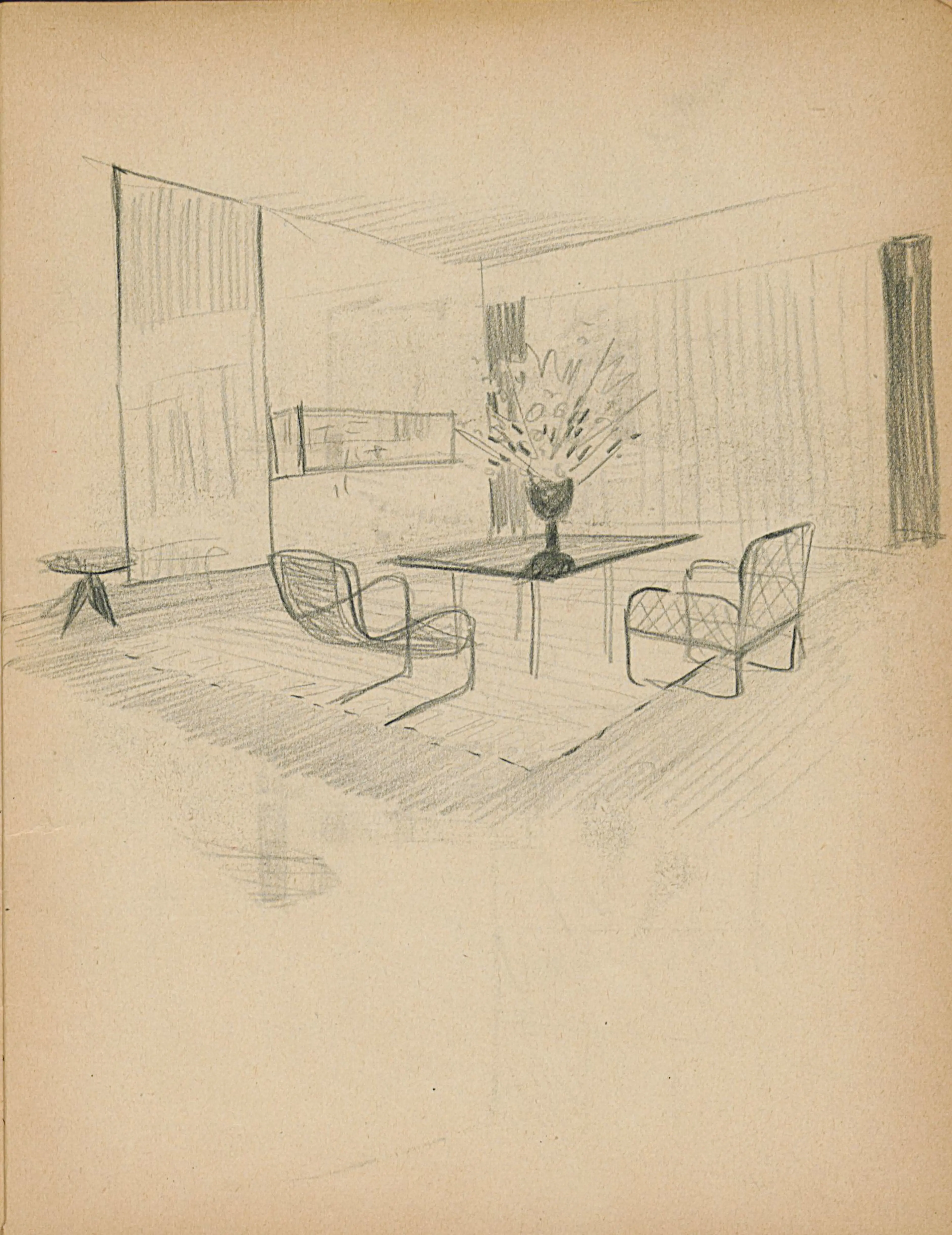 An interior perspective sketch from Sedad Hakkı Eldem’s early sketchbooks Edhem Eldem Collection. The digital copy is accessible on Salt Research.