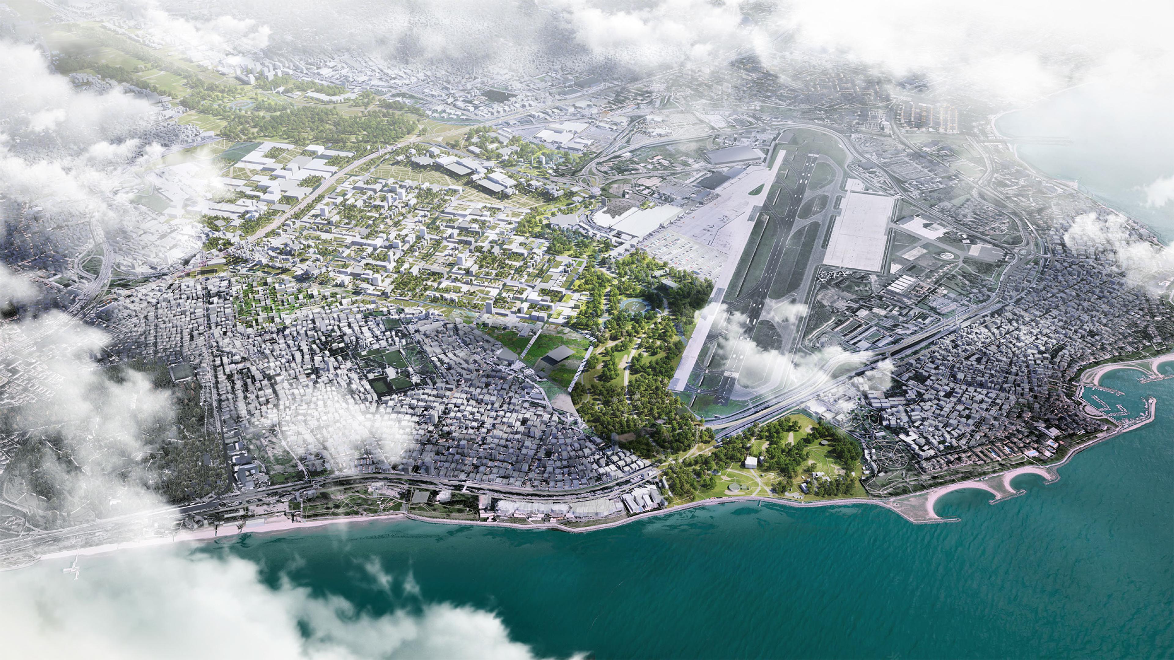 An aerial render proposing what a revitalized floodplain with the swap strategy could look like Courtesy Selin Şahin and Rafi Segal