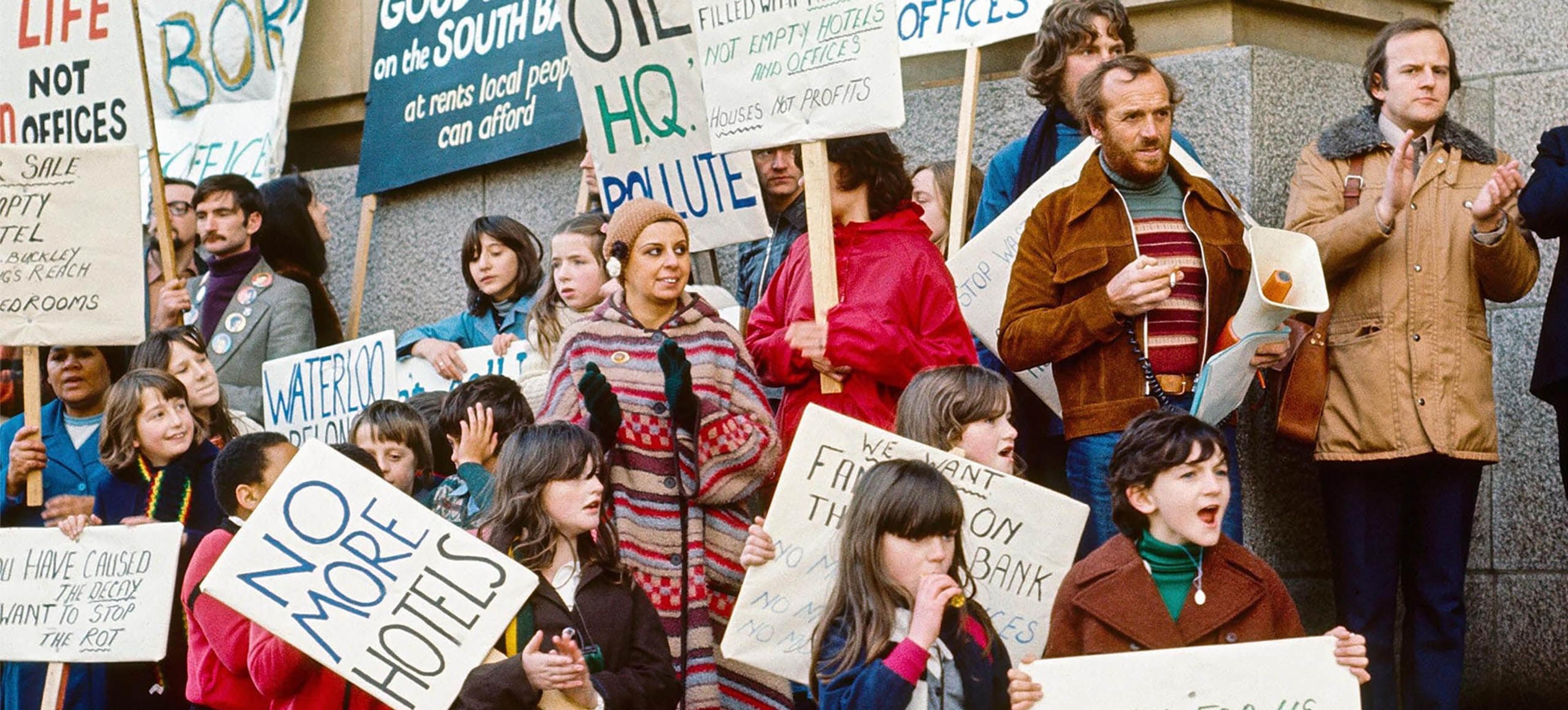Coin Street Community Builders campaigning against a grand hotel and office project planned for their neighborhood, late 70s, London Source: coinstreet.org