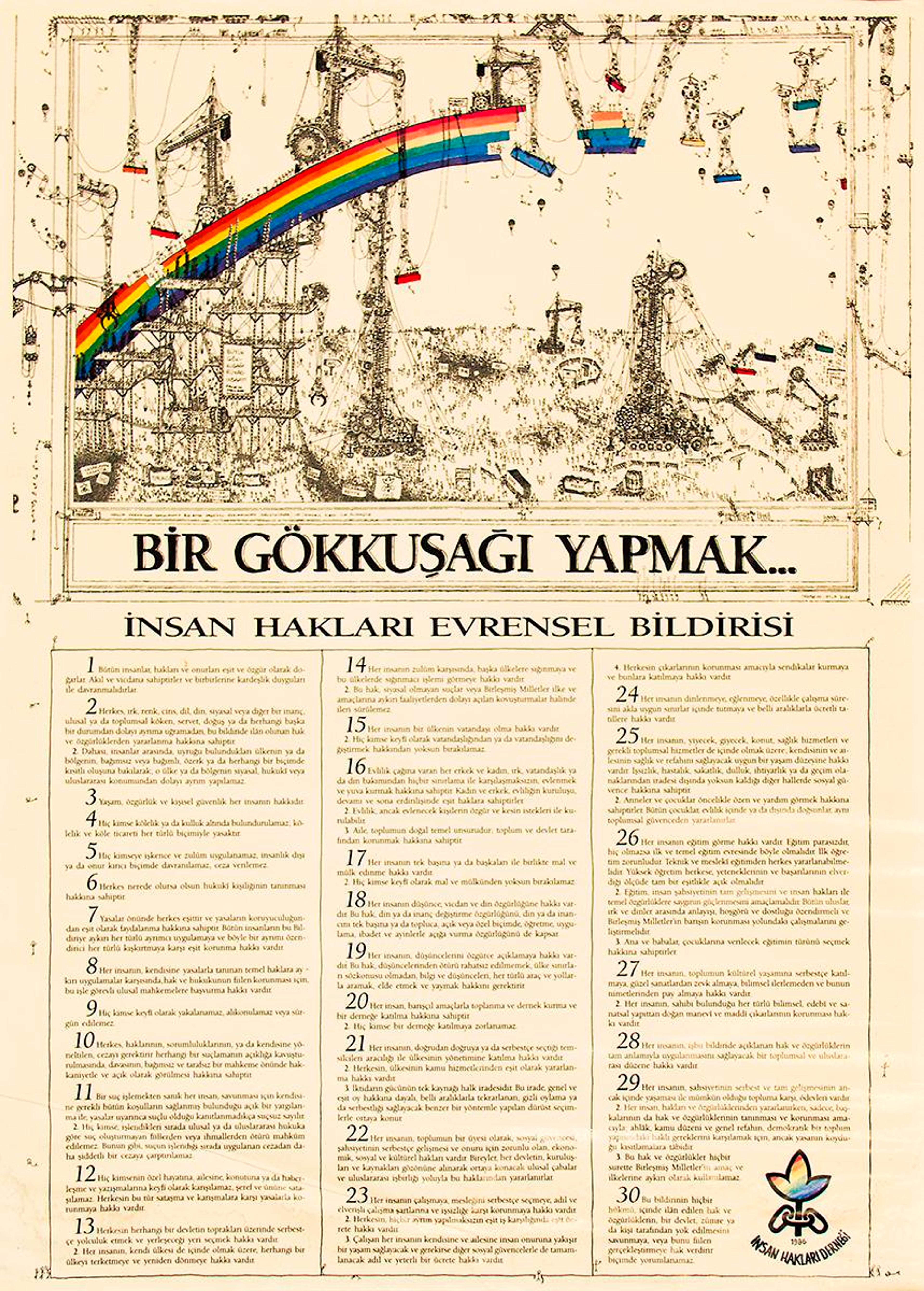 Ayla İşler’in, Novum dergisinde yayımlanmış bir boya fabrikası reklamından alıntı görselle İnsan Hakları Derneği İstanbul Şubesi için hazırladığı afiş