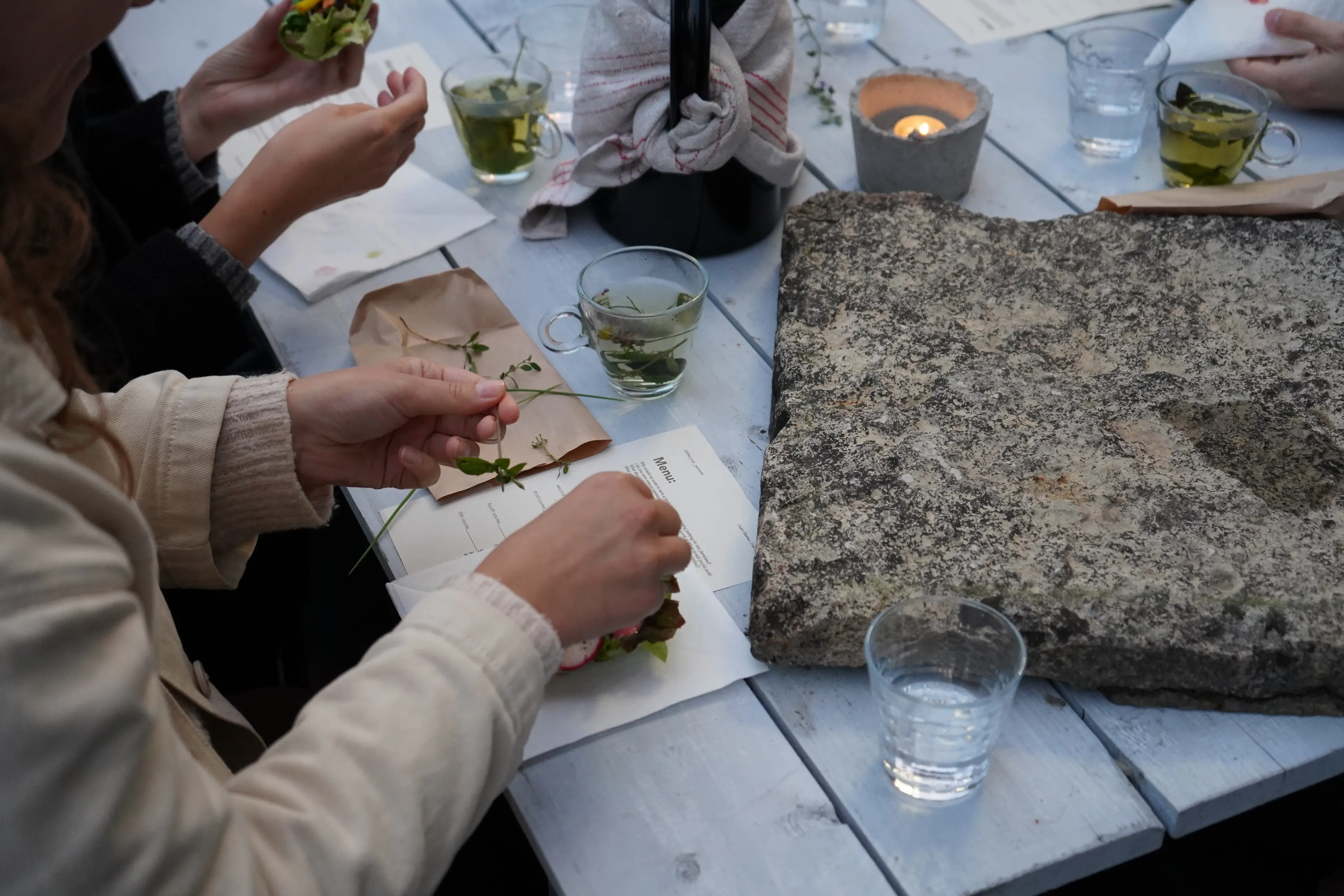 Post Pavement long table dinner at Hofs Lifs with a collective tea harvesting ritual and collective cooking workshop Photo: Leah Ireland