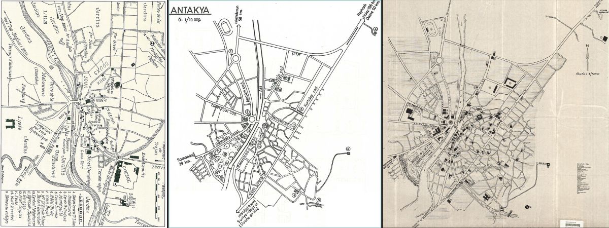 05 06 07 Weulersse, 1931 haritası (Paul Jacquot, Antioche Centre de Tourisme); Antakya Şehir Planı, 1/10.000, 1972 (Millî Kütüphane Harita Arşivi); Antakya Şehir Planı, 1/5.000, 1992 (Millî Kütüphane Harita Arşivi)
