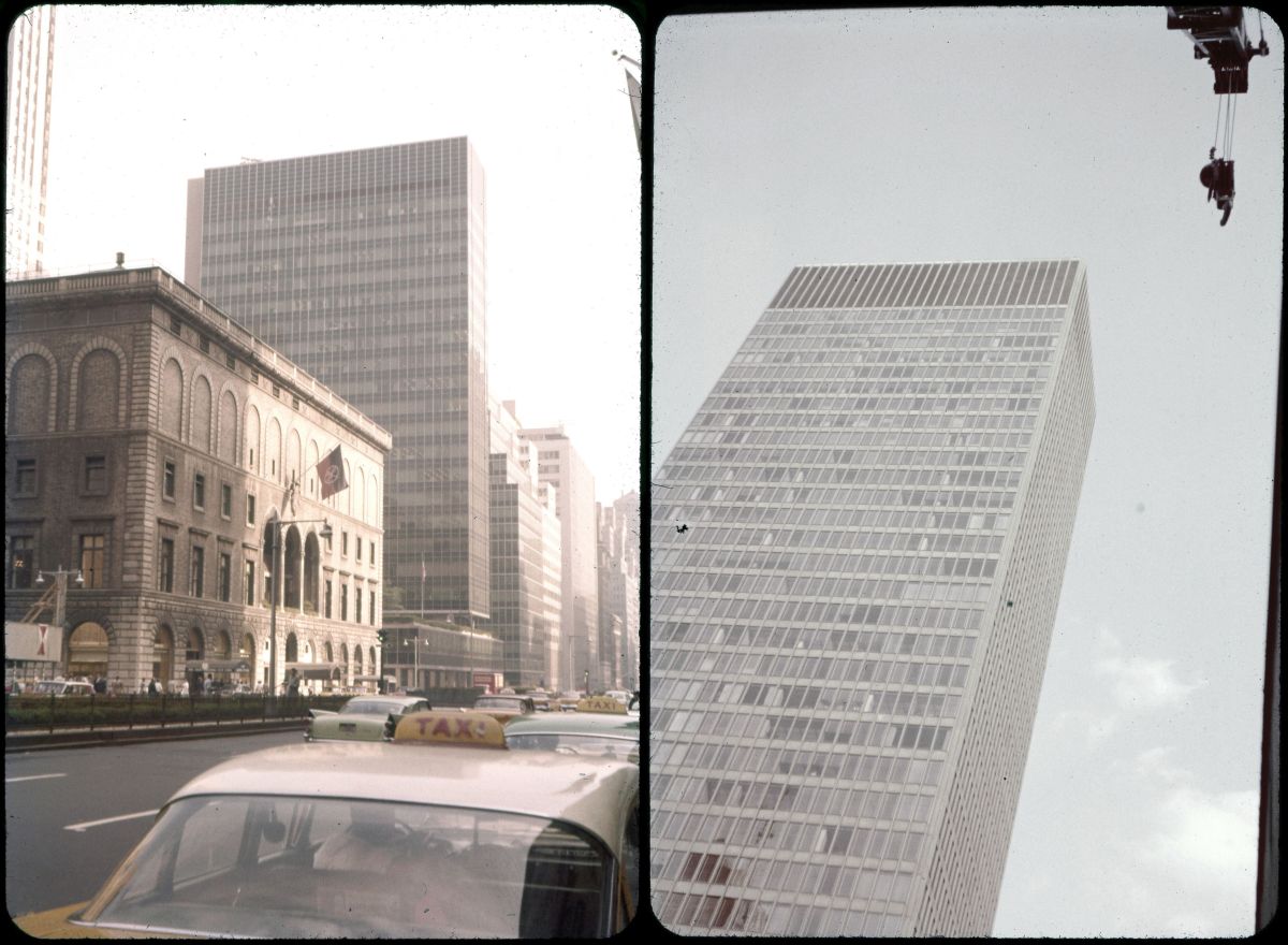 1 Park Avenue’daki yapılar, New York<br />
Solda: 1918’de tamamlanan Union Club of the City of New York (önde); 1951’de Skidmore, Owings & Merrill tarafından tasarlanan ve New York’ta cam ve çelik malzemeyle “perde duvar” konstrüksiyon sistemi kullanılarak inşa edilen ilk yapı Lever House (arkada)<br />
Sağda: 1958’de Ludwig Mies van der Rohe ve Louis Sullivan tarafından tasarlanan Seagram Building<br />
