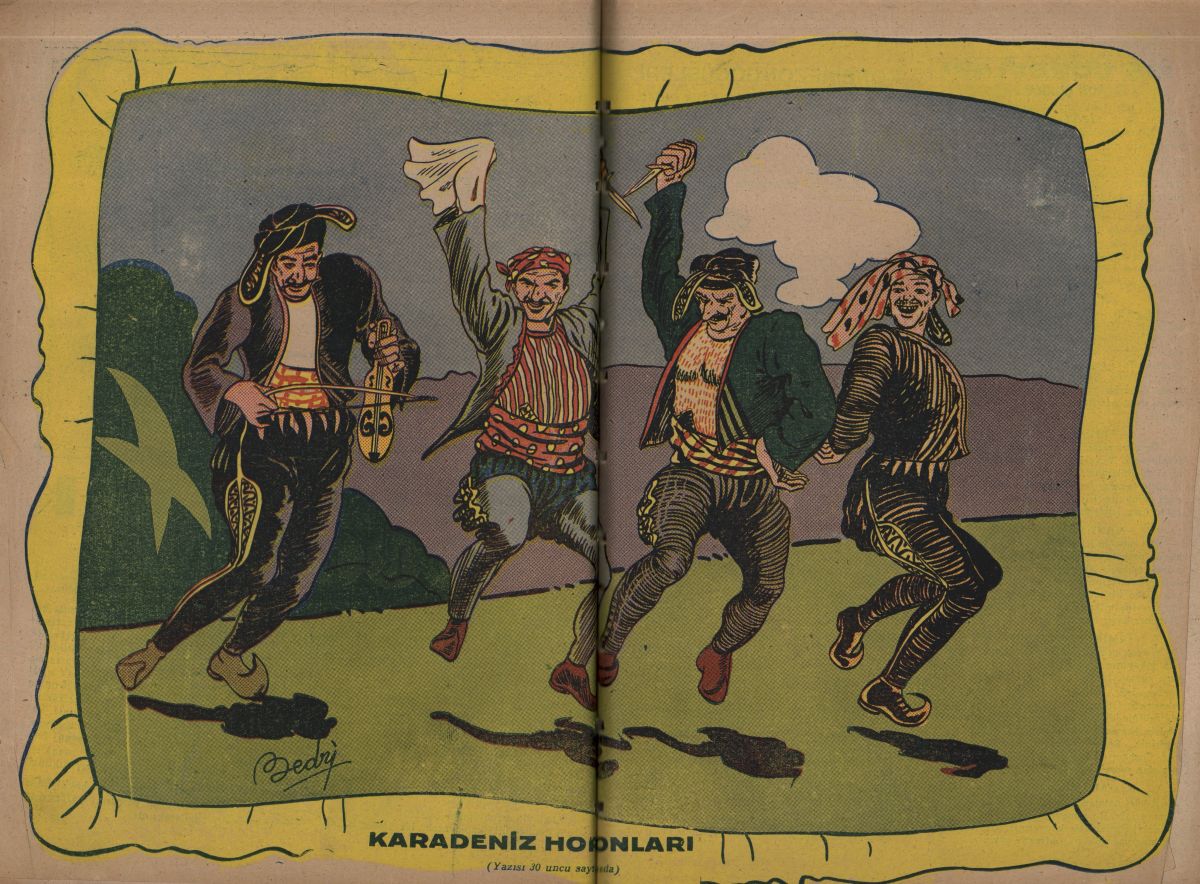 10 Horon tepen köylüleri resimleştiren bir yastık kılıfı, <i>Ev-Kadın</i>, Sayı: 19, Ekim 1946, ss. 16-17 <br />
Kadın Eserleri Kütüphanesi ve Bilgi Merkezi Vakfı, Süreli Yayın Koleksiyonu