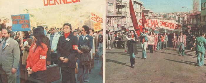 Türkiye Sinema Emekçileri’nin “Sansürü Protesto Yürüyüşü” (05.11.1977) Türkiye Sinema Emekçileri’nin “Sansürü Protesto Yürüyüsü” (05.11.1977)<br />
Arsiv: <i>SES</i> (Fotografçisi bilinmiyor)<br />
DIPSAHAF Plak Deposu’nun izniyle 
