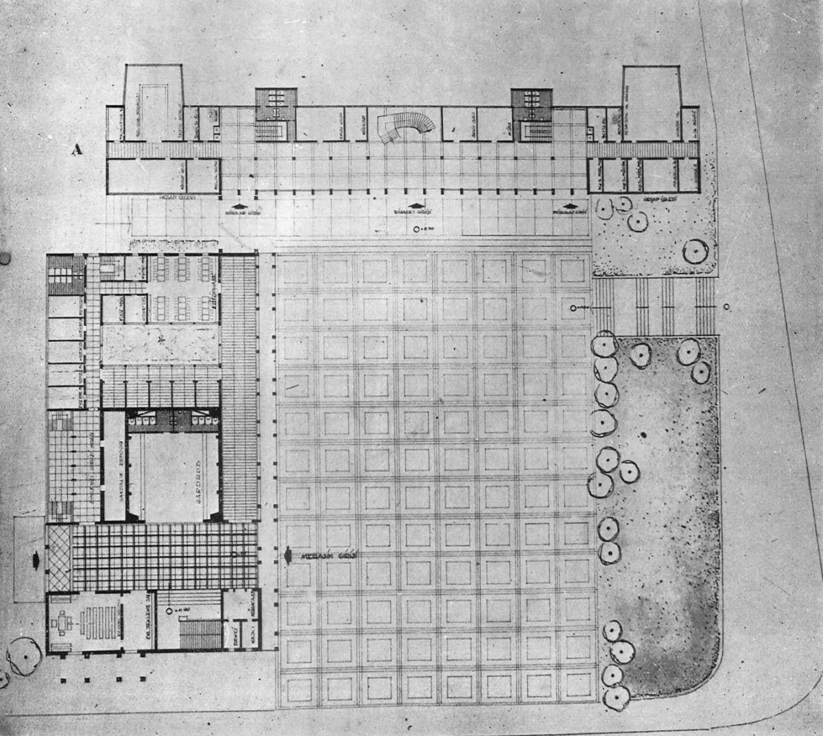 15 Istanbul Belediyesi Yarsmas 1 İstanbul Belediye Sarayı Yarışması’nda ikincilik ödülü alan projenin zemin kat planı, <i>Arkitekt</i>, Sayı: 259-260, 1953, s. 79