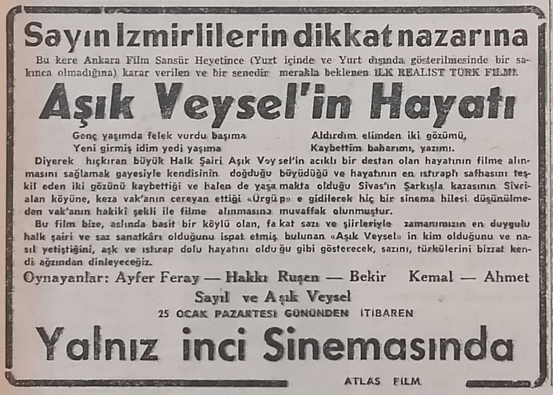 16 1954 01 23 Yeni Asr Gazetesi Film Ilan 25 Ocaktan Itibaren Inci Sinemasnda Filmin İnci Sineması’nda gösterileceğine dair ilan, <i>Yeni Asır</i>, 23 Ocak 1954