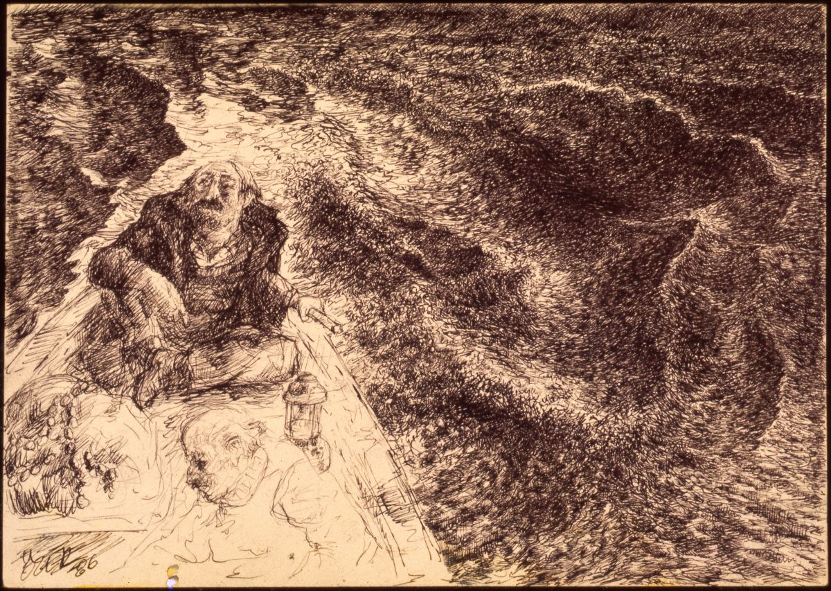 2 Kab058001 <i>Yeniköylü Balıkçılar</i>, 1986, kağıt üzerine mürekkep, 40.5x29 cm<br />
Salt Araştırma, Özer Kabaş Arşivi<br />
