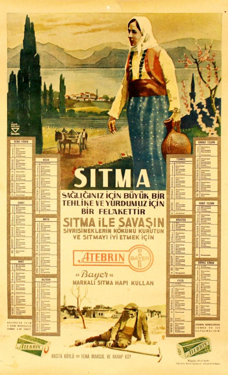 20 Stma Temal Bayer Atebrin Ilac Reklaml Takvim Cizim Ihap Hulusi Gorey Kaynak Phebus Muzayede Sıtma temalı Bayer Atebrin ilaç reklamlı takvim (Çizim: İhap Hulusi Görey)<br />
Phebus Müzayede <br />