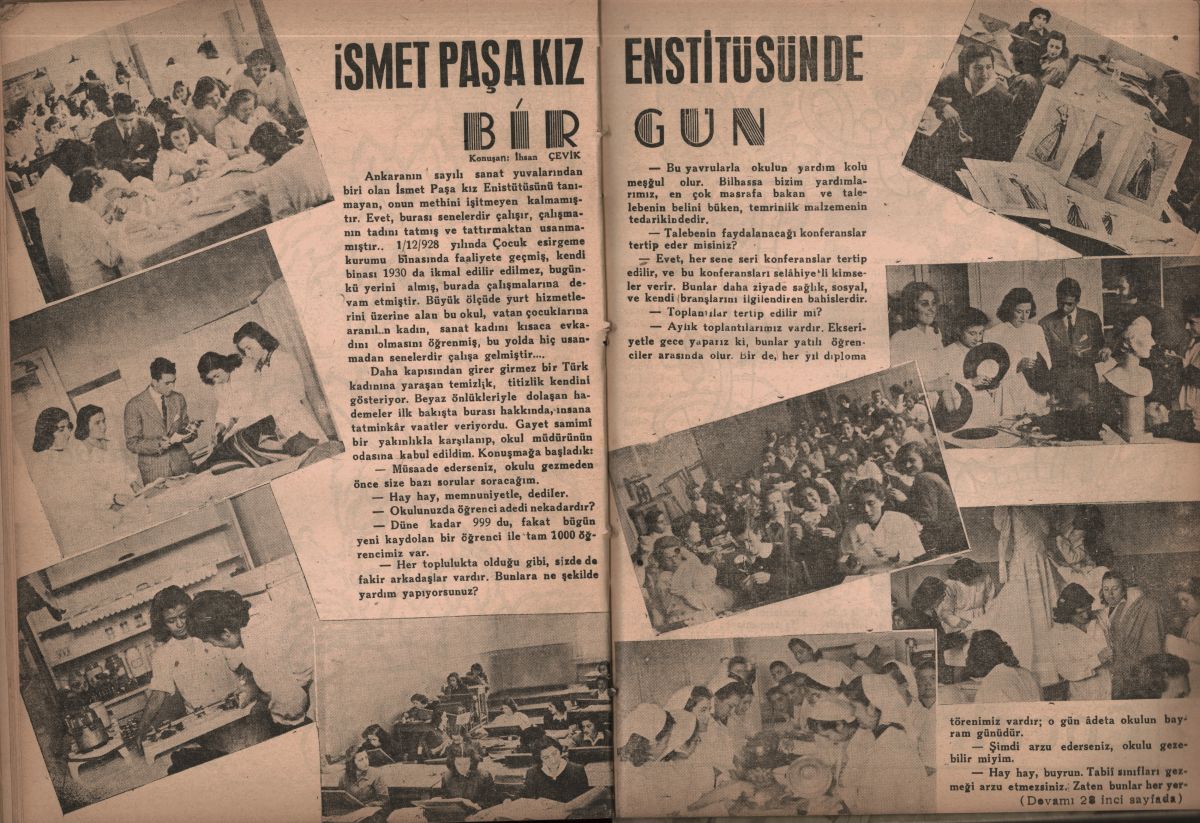 3 Gazeteci İlhan Çevik’in yaptığı röportajda Ankara İsmet Paşa Kız Enstitüsü ve enstitüdeki atölyelerin tanıtımı, <i>Ev-Kadın</i>, Sayı: 11, Şubat 1946, ss. 20-21<br />
Kadın Eserleri Kütüphanesi ve Bilgi Merkezi Vakfı, Süreli Yayın Koleksiyonu