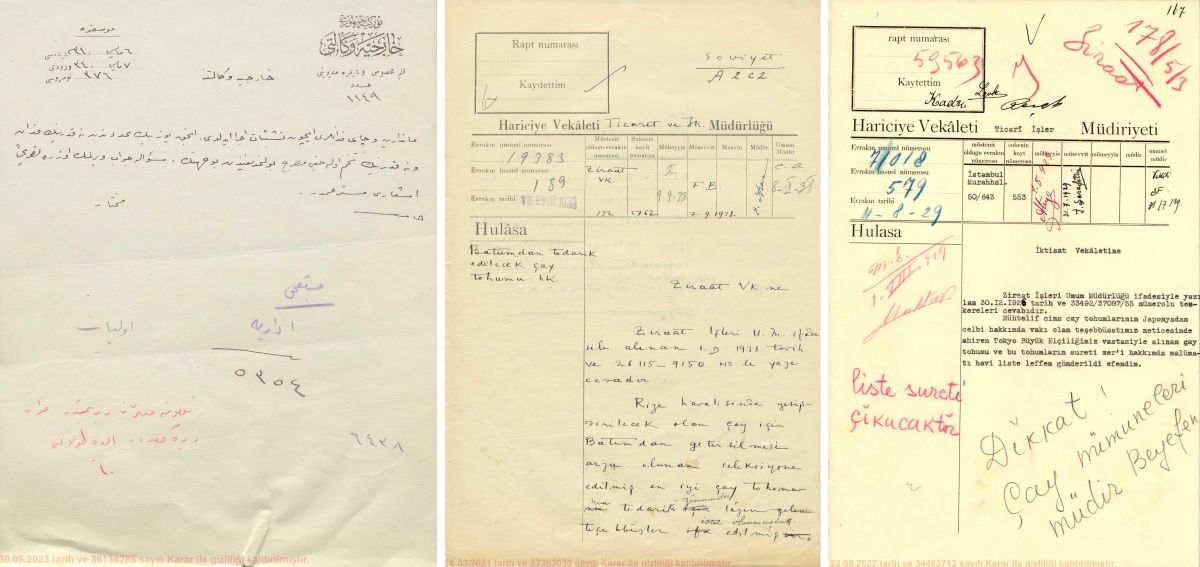 3a B C Solda: “Batum’dan Türkiye’ye ithal edilecek çay, mandalina, limon ve portakal gibi ürünlerin fidan ve tohum miktarlarının bildirilmesi”, Devlet Arşivi Başkanlığı Osmanlı Arşivi, 35801-141217-94, 1924-05-06; ortada: “Batum’dan tedarik edilecek olan çay tohumu”, Devlet Arşivi Başkanlığı Cumhuriyet Arşivi, 24759-107639-1, 1938-09-13; sağda: “Japonya’dan gelen çeşitli cins çay tohumlarının gönderilmesi”, Devlet Arşivi Başkanlığı Cumhuriyet Arşivi, 44739-215549-1, 1929-08-11