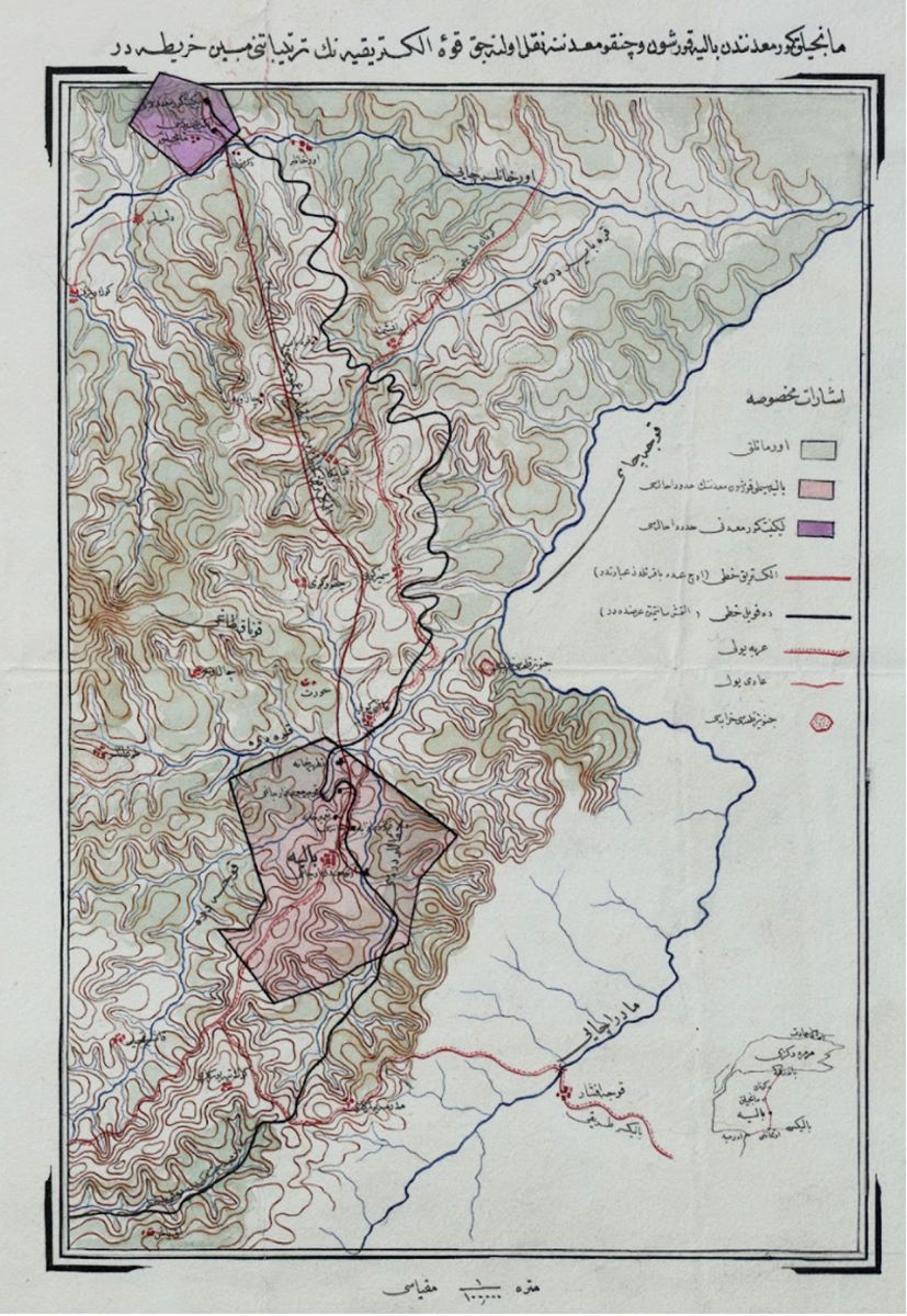 4 Dekovilelektrik Osmanlcizim Balıkesir-Mancınık Kömür Madeni’nden Balya Kurşun ve Çinko Madeni’ne nakledilecek elektrik hattını gösteren harita. Ormanlıklar, yollar, linyit kömür madeni hududu, dekovil hattı ve Balya simli kurşunun hududu gösterilmiştir. Cumhurbaşkanlığı Osmanlı Arşivi (BOA), HRT.0578