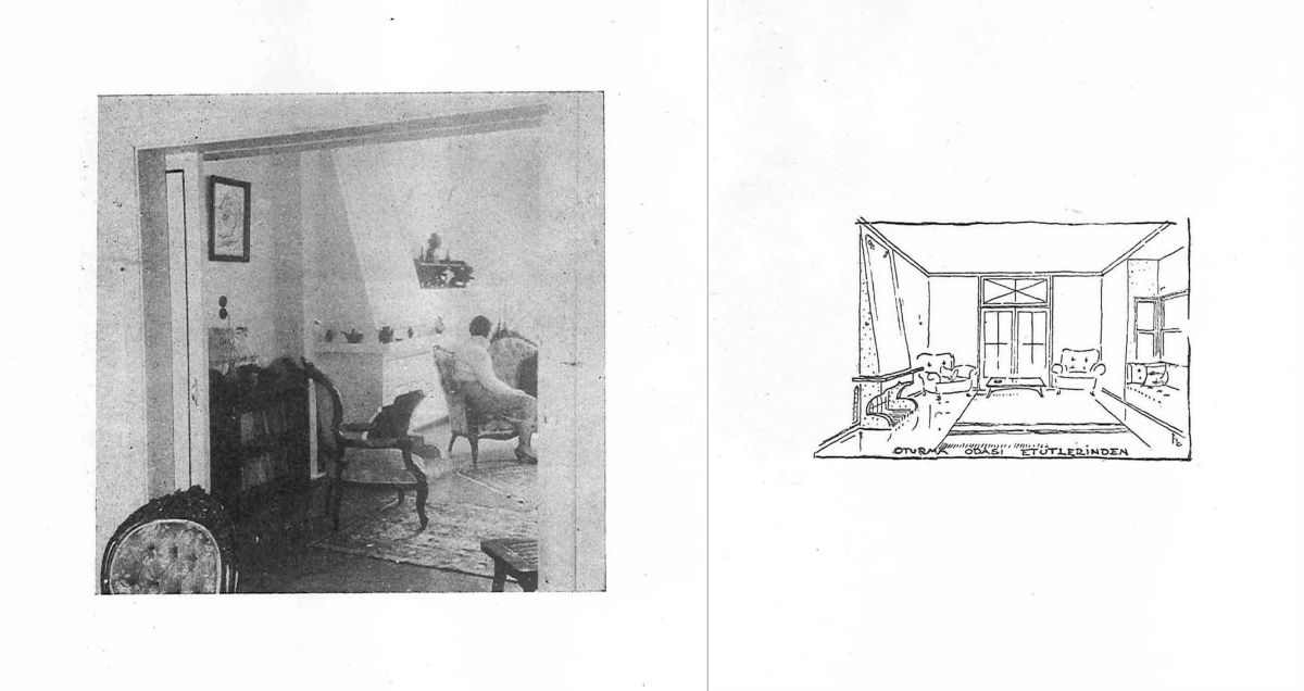 5 9 Birgiler Apartmanı, salondan bir fotoğraf ile oturma odası etüdü, <i>Arkitekt</i>, Yıl: 20, Sayı: 7-10, 1950, s. 155<br /><br />