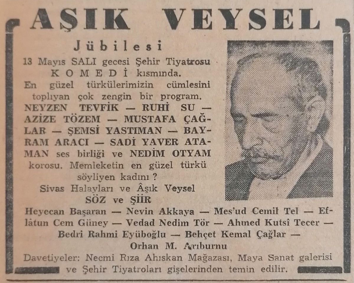 5 1952 05 Cumhuriyet Gazetesi Ask Veysel Jubilesi Ilan “Âşık Veysel Jübilesi”, <i>Cumhuriyet</i>, 9 Mayıs 1952