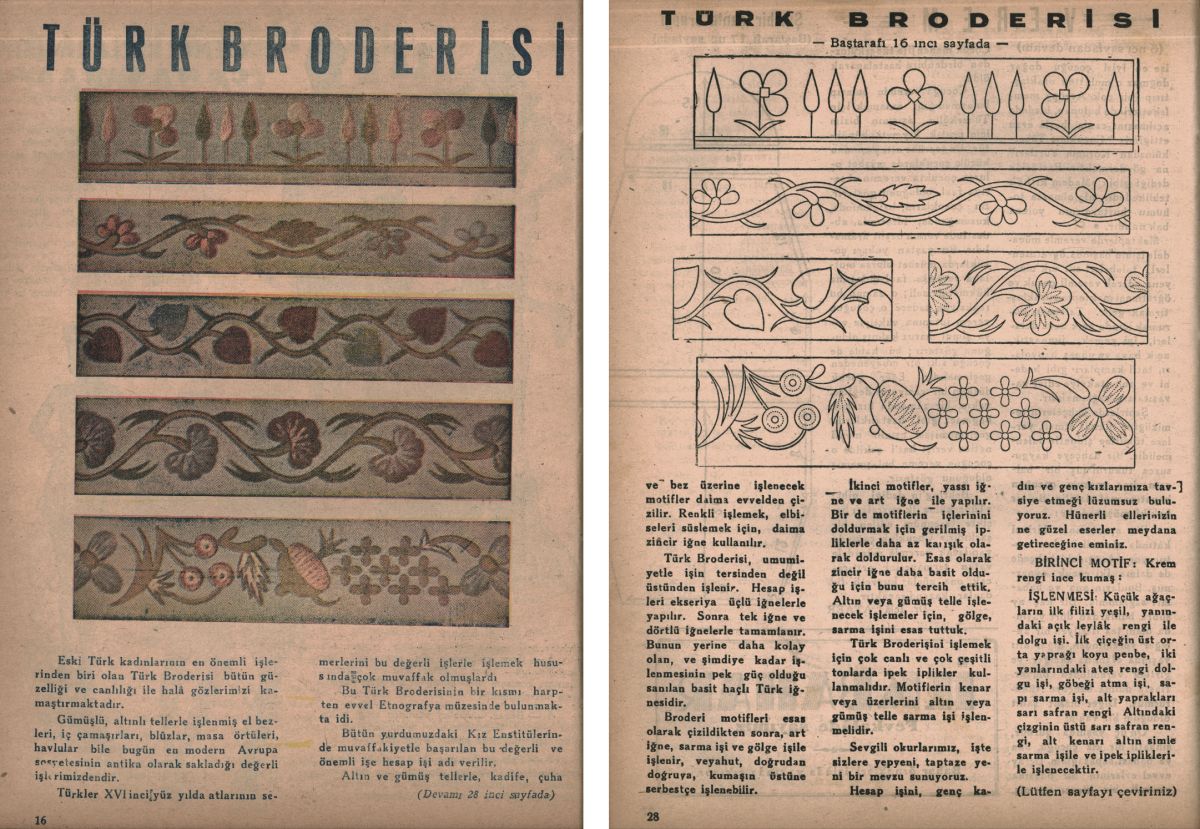 7 Eski 9 10 Birlesik Türk işlemelerinin kısa bir tarihi (solda; s. 16) ve işlemeleri oluşturan motiflerde nakış yöntemleri (sağda; s. 28), <i>Ev-Kadın</i>, Sayı: 12, Mart 1946<br />
Kadın Eserleri Kütüphanesi ve Bilgi Merkezi Vakfı, Süreli Yayın Koleksiyonu