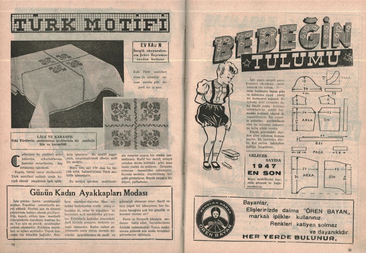 8 Türk motifi olarak anılan karanfil ve lale desenleriyle yapılmış bir masa örtüsü, <i>Ev-Kadın</i>, Sayı: 33, Ağustos 1947, s. 20<br />
Kadın Eserleri Kütüphanesi ve Bilgi Merkezi Vakfı, Süreli Yayın Koleksiyonu