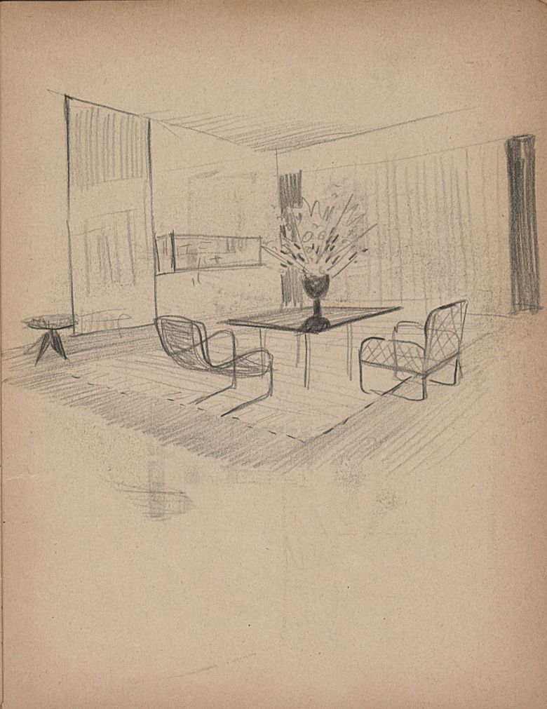 Aexshe0010207002 1 Sedad Hakkı Eldem’in gençlik dönemi çizim defterlerinden bir iç mekân perspektif eskizi
Edhem Eldem Koleksiyonu. Salt Araştırma’dan erişimdedir.