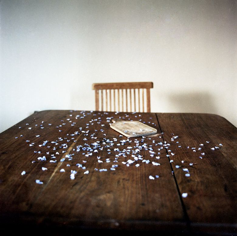 Table and fallen flowers, Andilly, France (2012) Masa ve dökülmüş çiçekler, Andilly, Fransa (2012). <i>Martha’s Song</i> serisinden © Arja Hyytiäinen<br />
