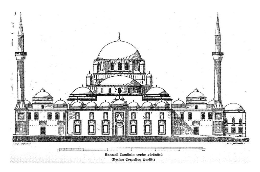 Beyazt Camii Cephe "Bayazıd Camii cephe görünüşü. Resim: Cornelius Gurlitt", <i>İstanbul Ansiklopedisi</i>, Cilt: 4, 1960