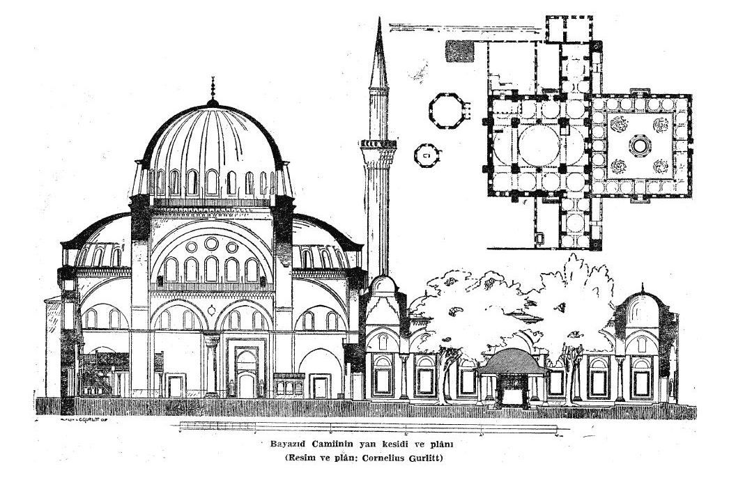 Beyazt Camii Cephe2 "Bayazıd Camii yan kesidi ve planı. Resim ve plan: Cornelius Gurlitt", <i>İstanbul Ansiklopedisi</i>, Cilt: 4, 1960
