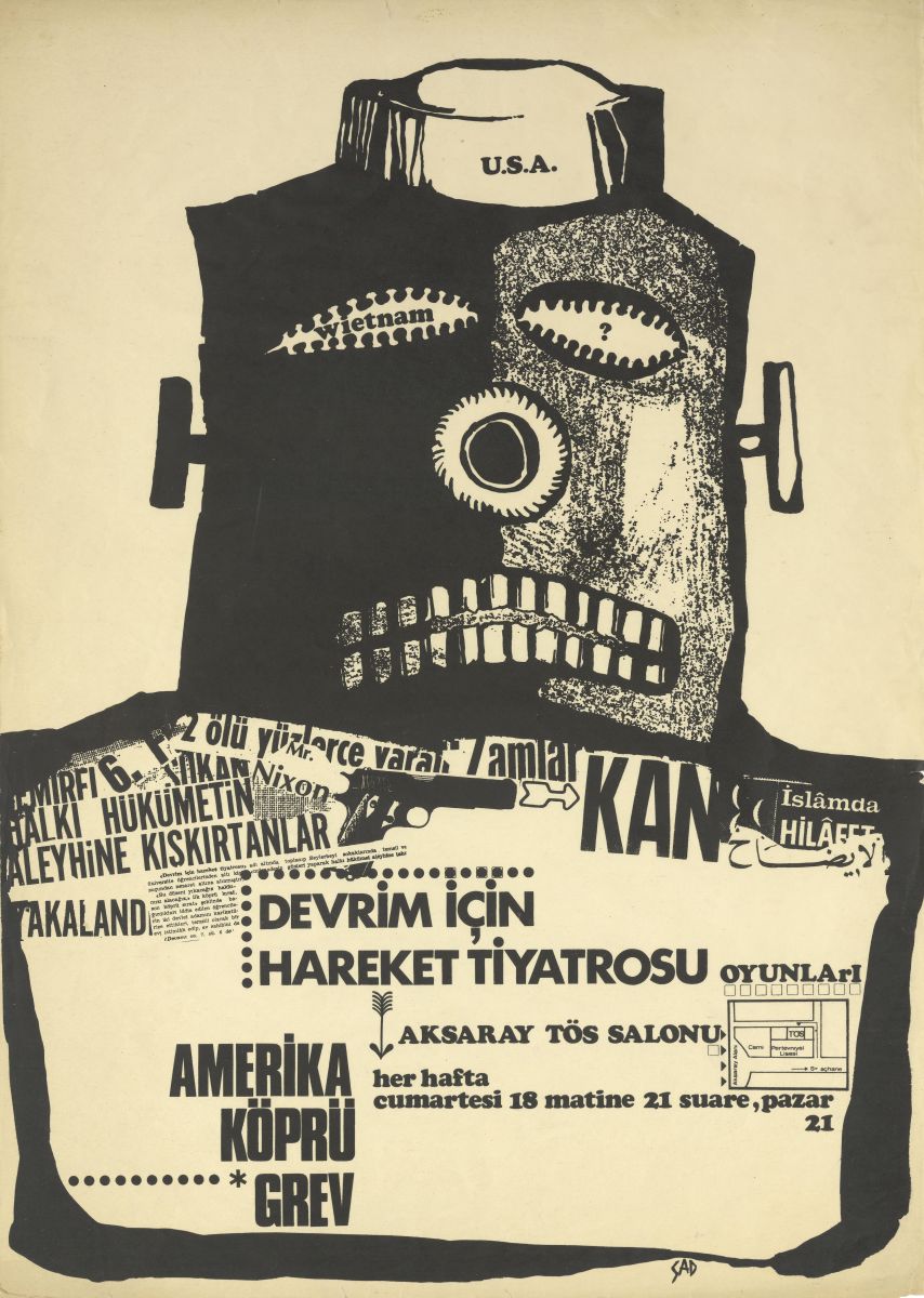 Gorsel 16 Sadık Karamustafa’nın <i>Amerika-Köprü-Grev</i> oyunları için tasarladığı toplu afiş, 1969 <br />
Salt Araştırma, Sadık Karamustafa Arşivi<br />