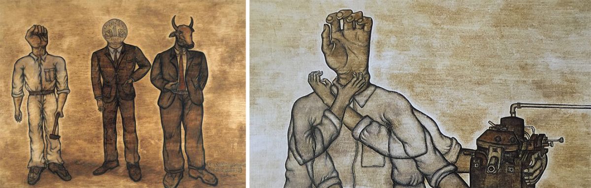 Gorsel 19 Yüksel Arslan, <i>Arture 156, Kapital VI (Sınıflar)</i>, 1971 (solda); <i>Arture 153, Kapital II A (El)</i>, 1970 (sağda), <i>‘Le Capital’: 30 tableaux d’après Karl Marx</i>, Paris: LNF, 1975<br />
Sanatçının varisinin izniyle<br />