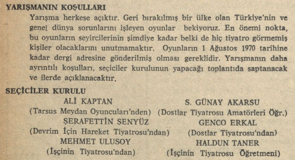 Gorsel 9 “Emekçi Tiyatrosu İçin Oyun Yarışması”, <i>Tiyatro 70</i>, Sayı: 1, Şubat 1970, s. 40<br />
İBB Atatürk Kitaplığı Arşivi<br />