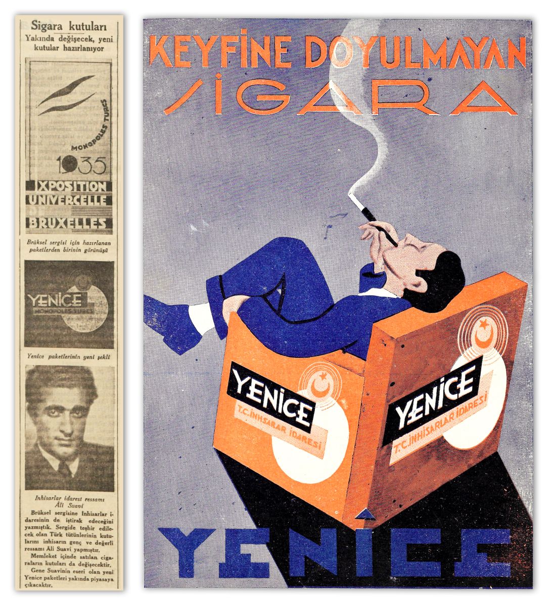 Gorsel20 1935 1936 Inhisar Yenice Kopya 20 Nisan 1935 tarihli <i>Tan</i> gazetesinden haber (solda) ve Yenice sigarası reklamı, <i>Akbaba</i>, Sayı: 138, 29 Ağustos 1936, s. 20 (sağda)