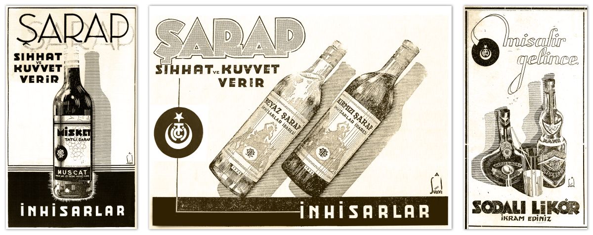 Gorsel21 1938 1942 Inhisarlar İnhisar şarap ve likörleri için hazırlanan Ali Suavi imzalı ilanlar, 1938-1942
