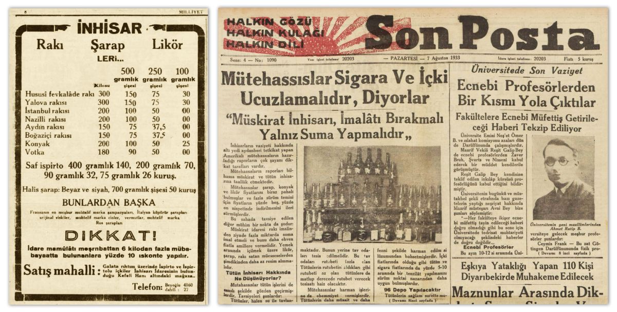 Gorsel27 1931 Milliyet 1933 Son Posta Inhisar <i>Milliyet</i>, 6 Ağustos 1931 (solda) ve <i>Son Posta</i>, 7 Ağustos 1933 (sağda)