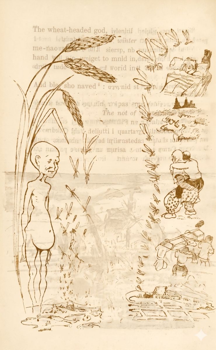 Huseyin Mumcu Hüseyin Mumcu tarafından çizilen karikatür (Görsel yapay zekâ ile temizlenmiştir)<br />
M. Şerif Korkut, <i>Isıtma ve Çeltik</i>, Ankara: Yeni Matbaa, 1950, s. 48.