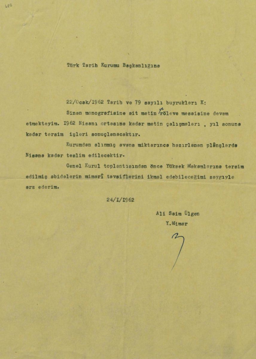 Resim 5 Tasudoc0740002 Ali Saim Ülgen’in, Sinan monografisi çalışmasının metin kısmını Nisan 1962’de tamamlamayı planladığına dair mektubu.<br />
SALT Araştırma, Ali Saim Ülgen Arşivi<br />
