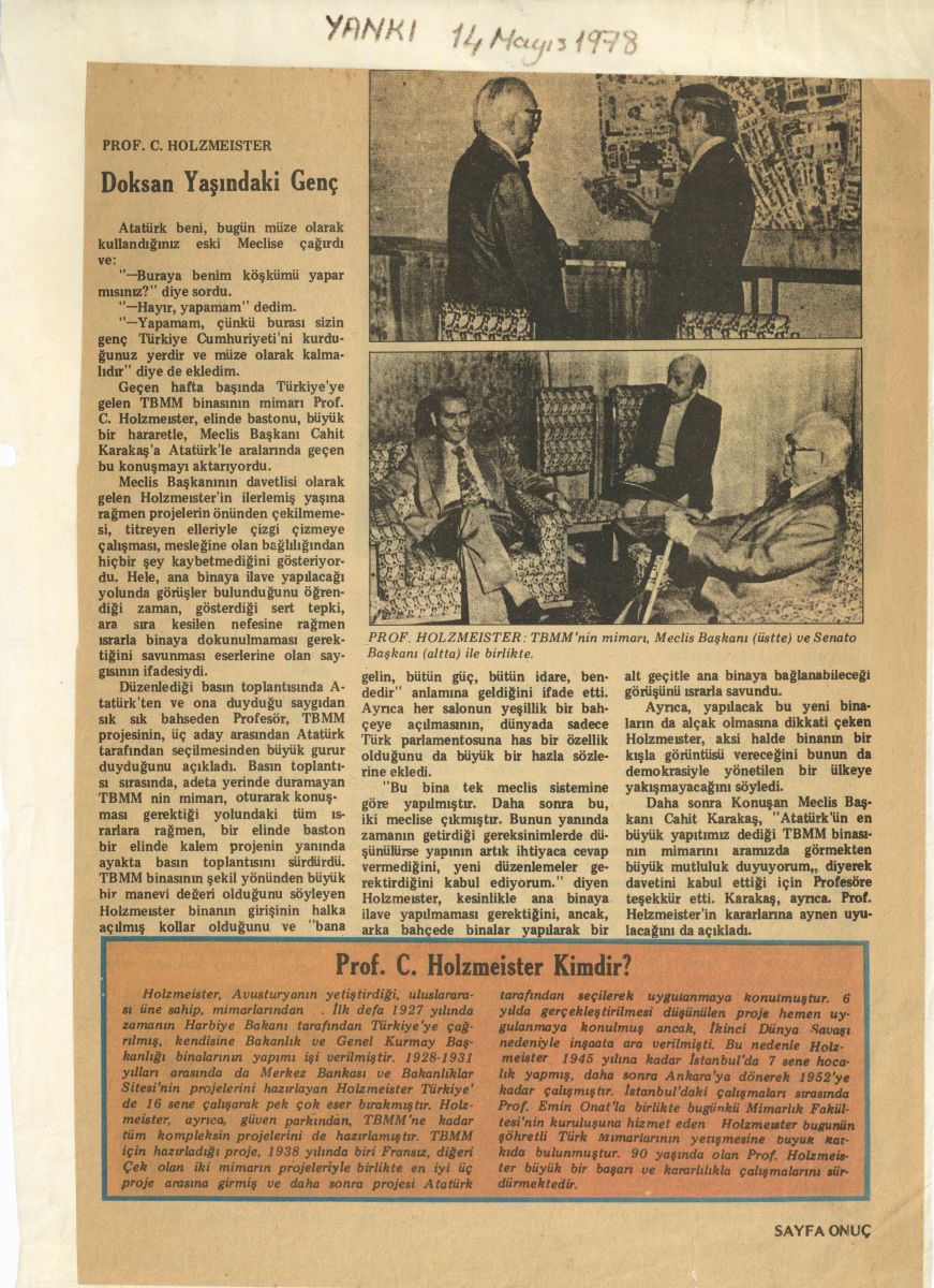 Tabcholdoc045001 Clemens Holzmeister’ın Türkiye’ye son ziyaretini aktaran gazete kupürü, 14 Mayıs 1978<br />
Salt Araştırma, Altuğ-Behruz Çinici Arşivi<br />
