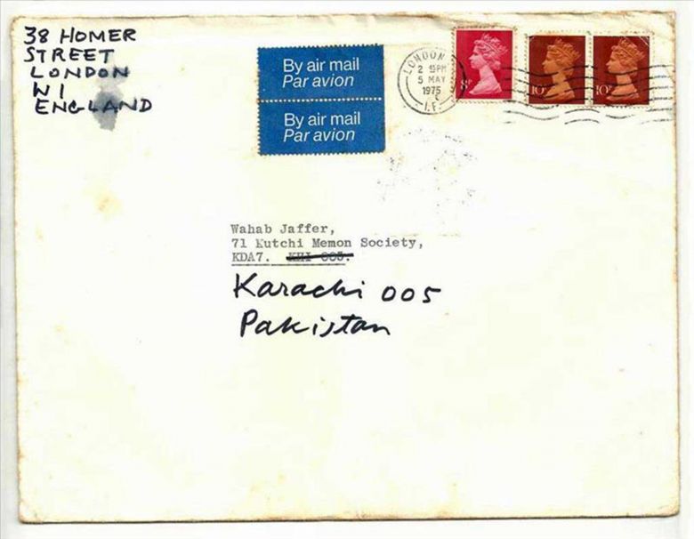 Wahab Jaffer F.N. Souza’nın Wahab Jaffer’e gönderdiği mektubun zarfı, 1975
Wahab Jaffer’in izniyle
Asia Art Archive, Wahab Jaffer Arşivi
